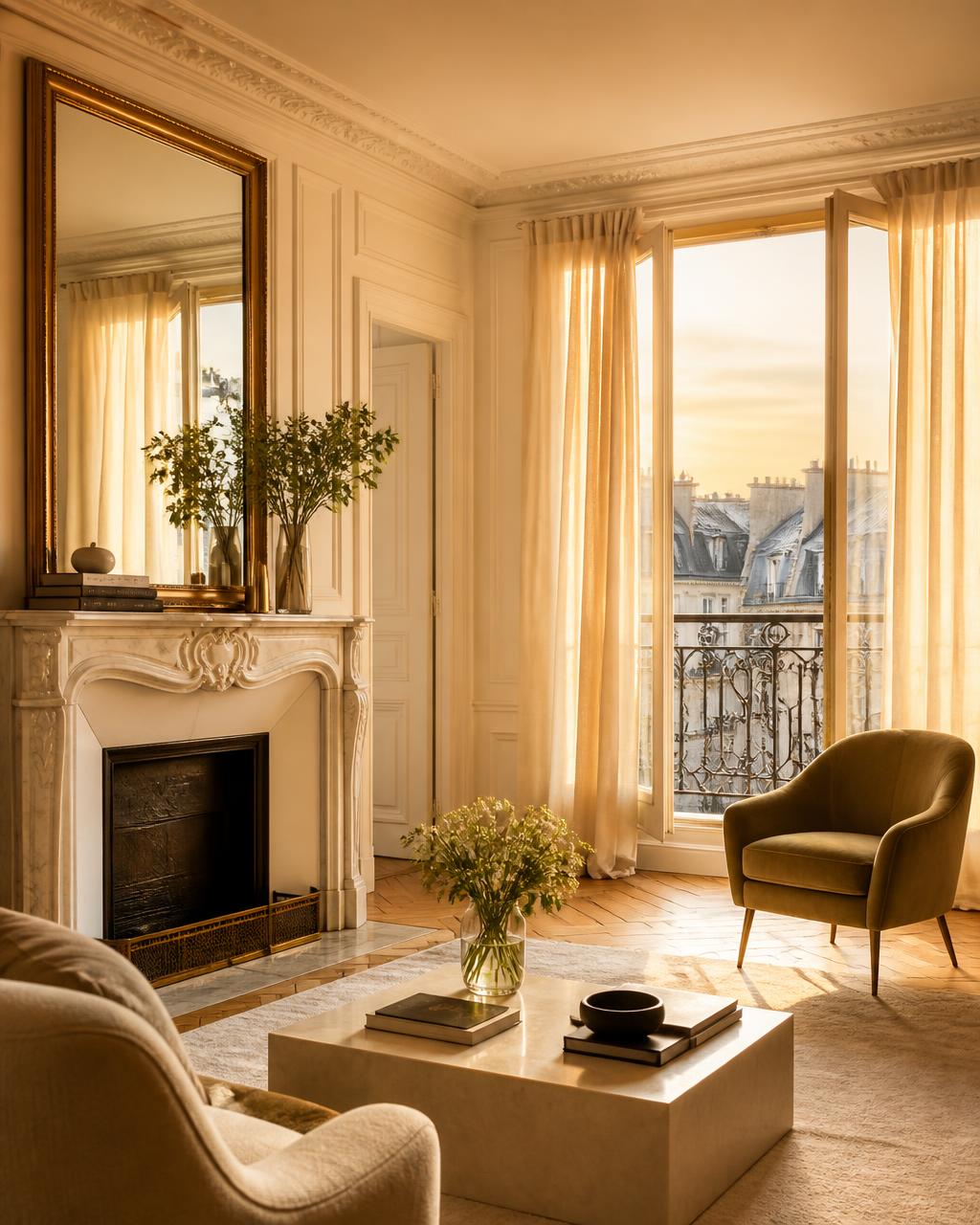 Salon haussmannien baigné de lumière dorée, géré en location courte durée par Be My Host