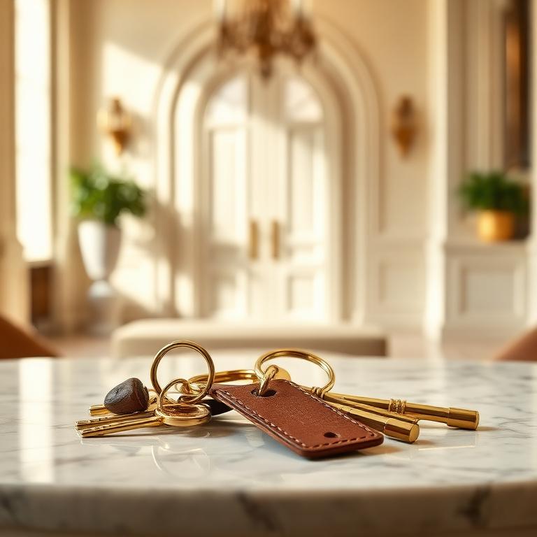 Clés en laiton posées sur une console en marbre, gestion clé en main