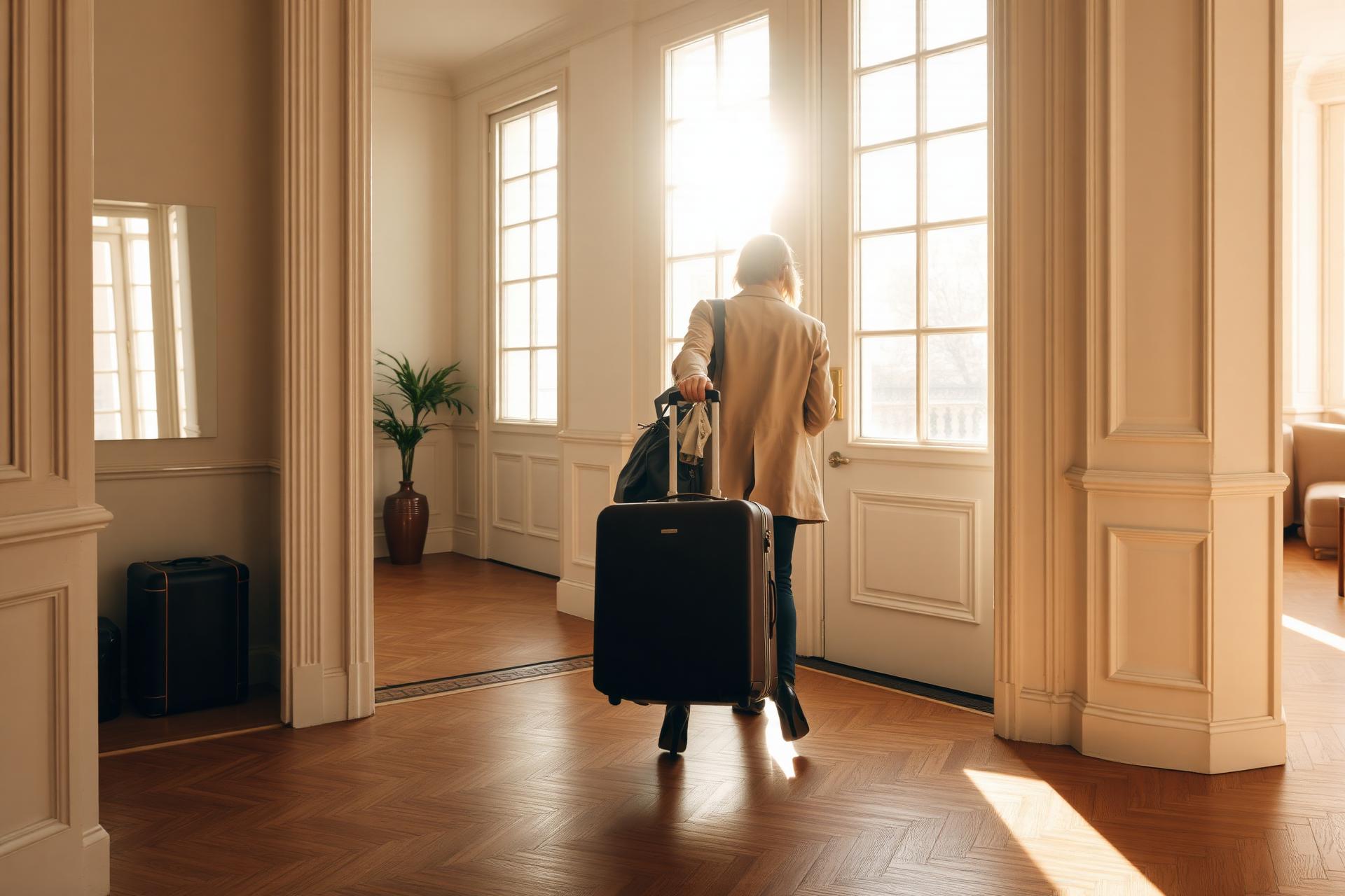 Voyageuse arrivant avec sa valise dans un appartement lumineux géré par Be My Host